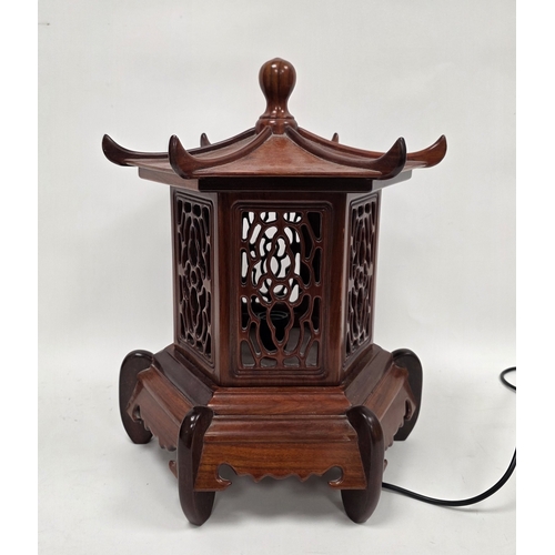 222 - Hardwood table lamp in the form of a Chinese pagoda lidded lantern, with pierced side panels, 52cm h... 