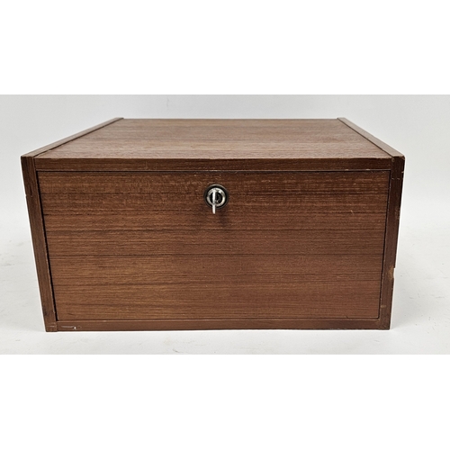 225 - Mid-century teak coin collector's cabinet, the lockable lift-off front opening to ten coin drawers w... 