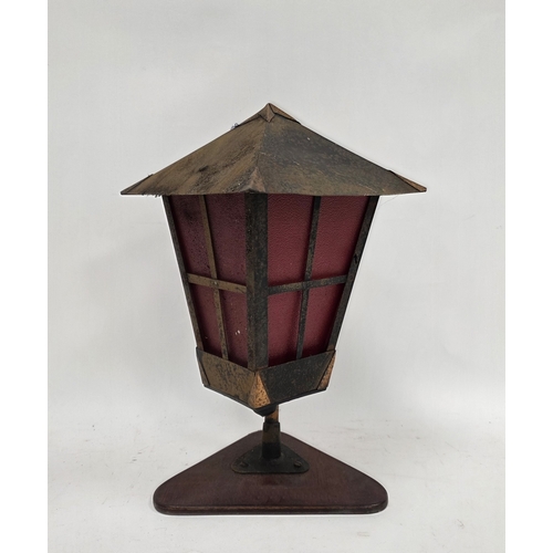 232 - Mid-century metal lantern table lamp with copper mounts and opaque textured red glass panels, on a t... 