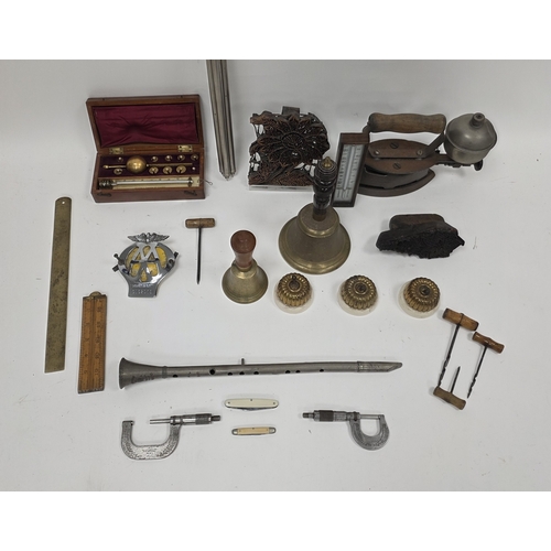 237 - Mixed lot of collectables including set of early 20th century postal scales and weights, two hand be... 