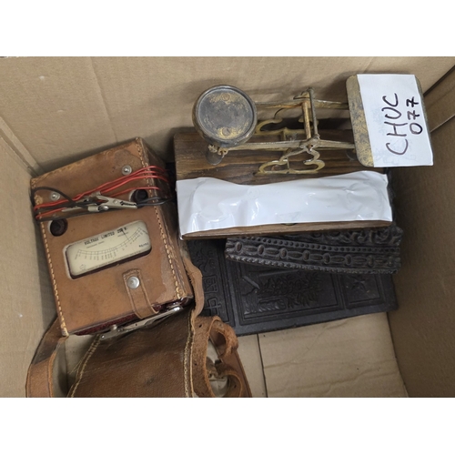 237 - Mixed lot of collectables including set of early 20th century postal scales and weights, two hand be... 