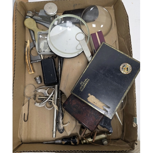 290 - Mixed lot of collectable items including wooden rules, magnifying lenses, bakelite cigarette case, b... 