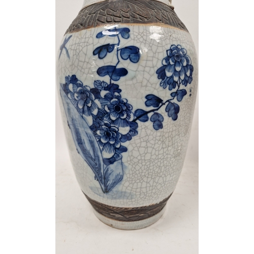 104 - 19th century Chinese crackle glaze oviform vase, incised four character seal mark, painted with a pe... 