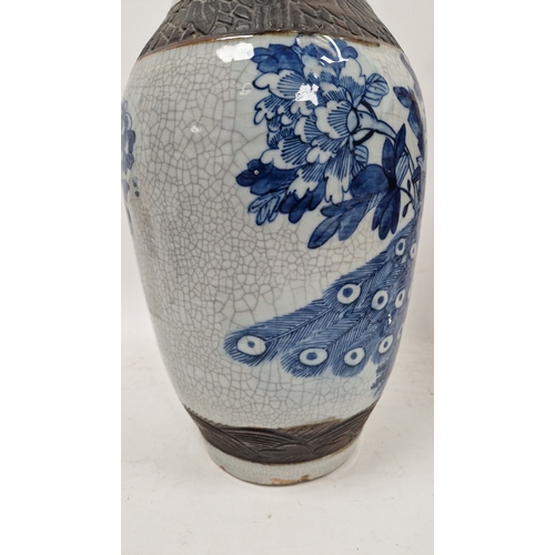 104 - 19th century Chinese crackle glaze oviform vase, incised four character seal mark, painted with a pe... 
