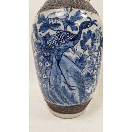 104 - 19th century Chinese crackle glaze oviform vase, incised four character seal mark, painted with a pe... 
