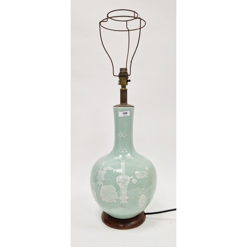 109 - Chinese celadon bottle-shaped vase adapted as a lamp, late 19th/20th century, decorated with vases a... 