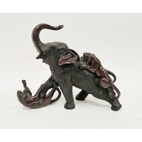 111 - Japanese Meiji period (1868-1912) patinated bronze okimono group of an elephant and two tigers, the ... 