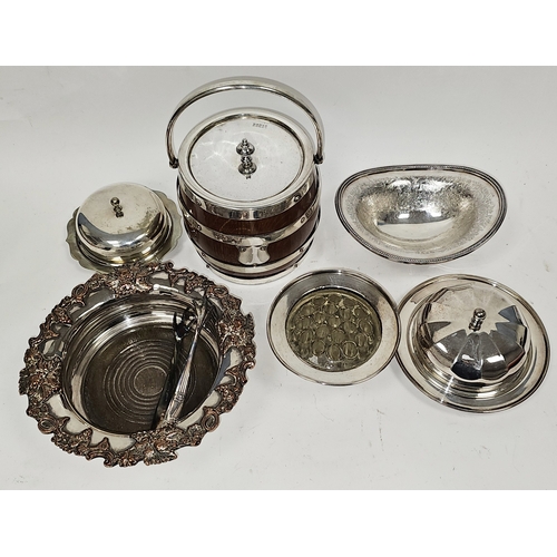 272 - Large collection of silver plated items including an oak and plated biscuit barrel, large rectangula... 