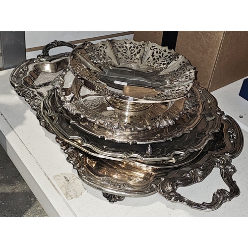272 - Large collection of silver plated items including an oak and plated biscuit barrel, large rectangula... 