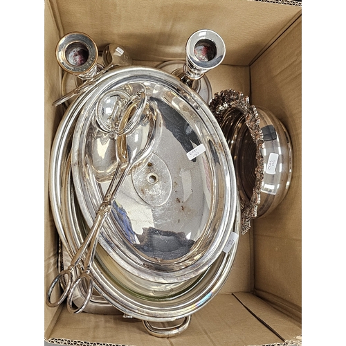 272 - Large collection of silver plated items including an oak and plated biscuit barrel, large rectangula... 