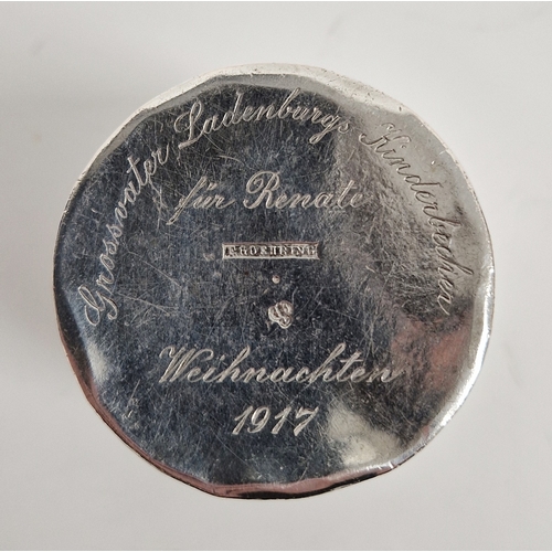 285 - Germam white metal beaker, with presentation engraving Grossvater Ladenburgs Kinderbecher fur Renate... 