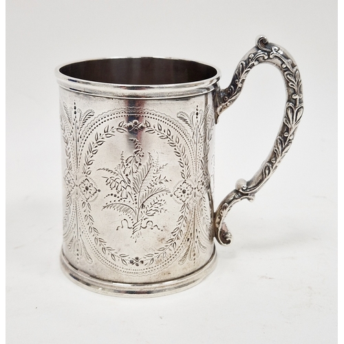 287 - Victorian silver engraved cylindrical christening mug, engraved with cartouches and flowers, hallmar... 