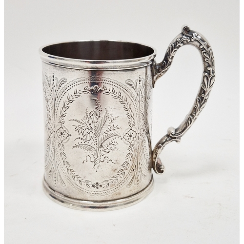 287 - Victorian silver engraved cylindrical christening mug, engraved with cartouches and flowers, hallmar... 