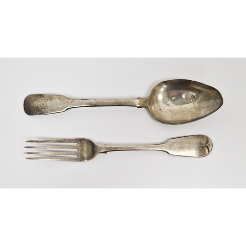 292 - George III silver fiddle pattern tablespoon, monogrammed (some wear) and a George IV silver table fo... 