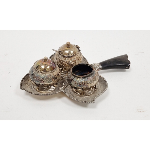 306 - White metal condiment set comprising salt, pepper and mustard (with spoon), all of spherical design ... 