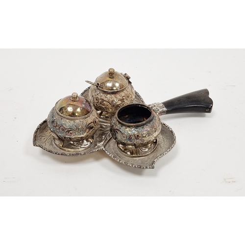 306 - White metal condiment set comprising salt, pepper and mustard (with spoon), all of spherical design ... 