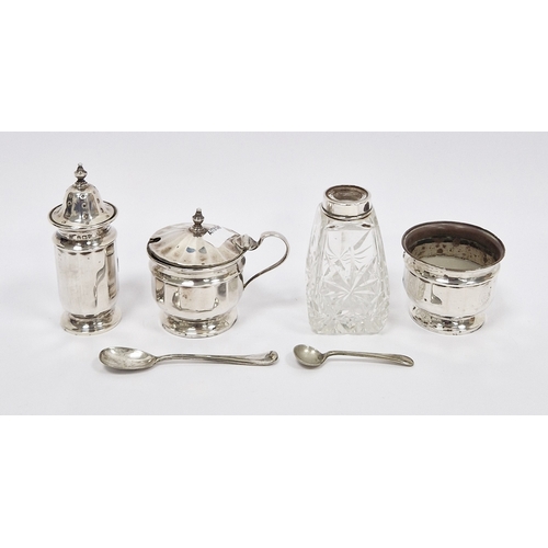 308 - Silver three-piece condiment set, Birmingham 1931, of circular panelled design comprising pepperette... 
