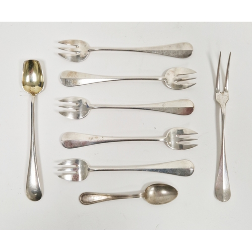 325 - Italian silver teaspoon, stamped 800 76/PD, 0.25 ozt, together with five French silver-plated desser... 