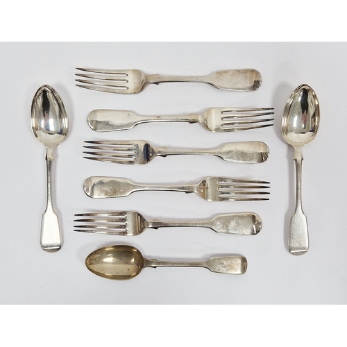 327 - Victorian set of five Exeter silver tableforks and two dessert spoons, hallmarked Exeter 1854 by Jam... 