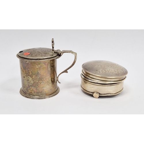 329 - Victorian silver lidded mustard pot, of cylindrical form, lacking glass liner, hallmarked London 187... 