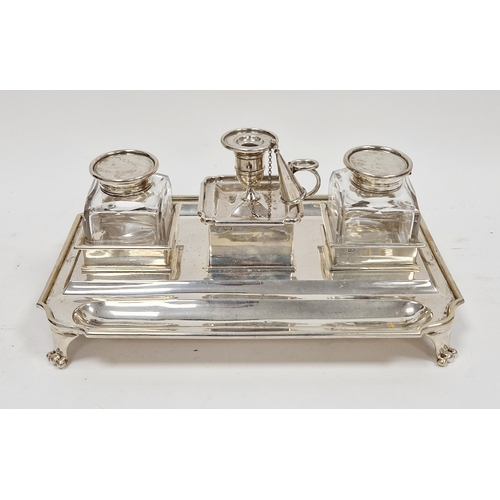 332 - Large late Victorian silver inkstand, having two silver mounted glass inkwells and a silver chambers... 