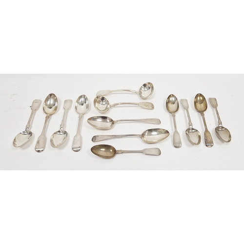 340 - Collection of thirteen silver spoons including set of five Victorian fiddle pattern dessert spoons, ... 