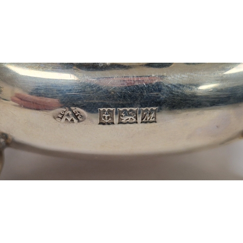 341 - Silver condiments, comprising: a salt, blue glass liner & spoon, a mustard pot, glass liner and spoo... 