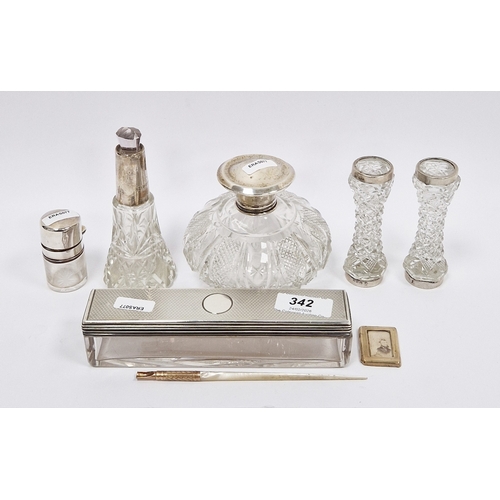 342 - Collection of six early 20th century glass silver mounted items including three perfume bottles, pai... 