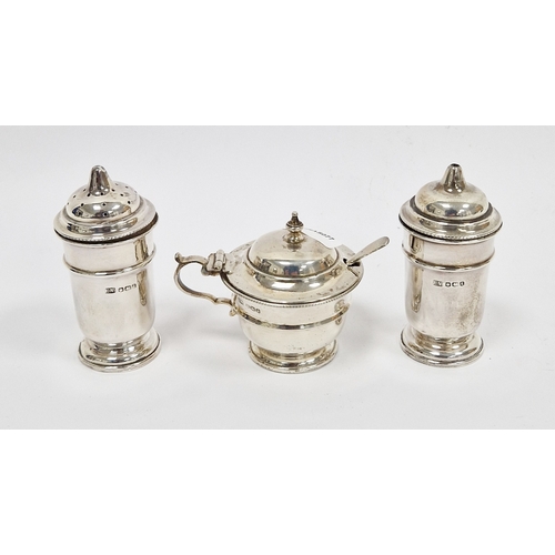 344 - George V silver three piece cruet set, Sheffield1933, Viner's Ltd, of round form with gadrooned edge... 