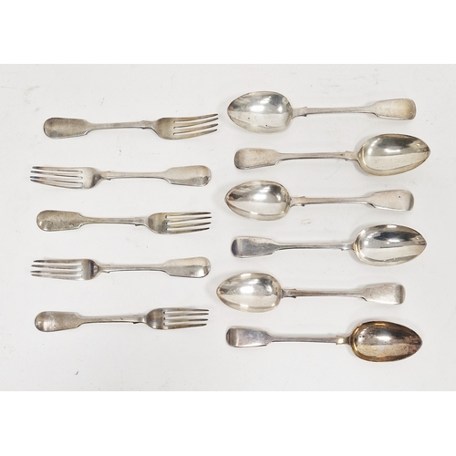 350 - Six Victorian silver tablespoons and five forks, hallmarked London, 1866, makers marks for Charles B... 
