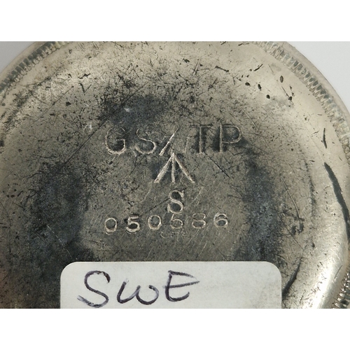354 - WWII RAF pocket watch, with white dial, black Arabic numerals and seconds subsidiary dial, marked Sw... 