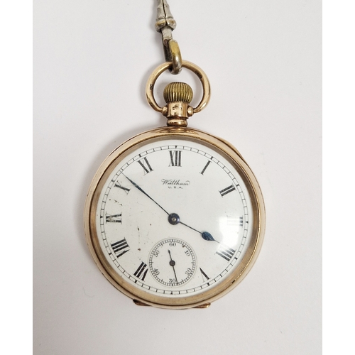 355 - 9ct gold cased Waltham (USA) pocket watch, white enamelled dial, Roman numerals, seconds subsidiary ... 