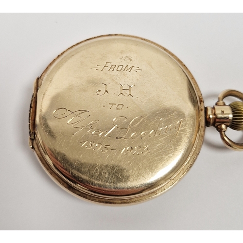 355 - 9ct gold cased Waltham (USA) pocket watch, white enamelled dial, Roman numerals, seconds subsidiary ... 