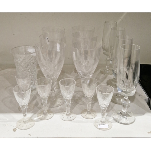 71 - Stuart cut glass part table service, etched marks, cut with radiating ferns and leaves, engraved, co... 