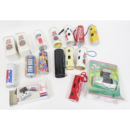 126 - Collection of sixteen novelty advertising can cameras including a 7Up camera in original packaging, ... 