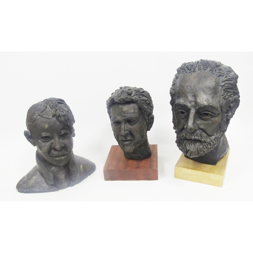 139 - Three plaster sculptural busts of men with a bronze finish, two mounted on wooden plinths, largest 4... 
