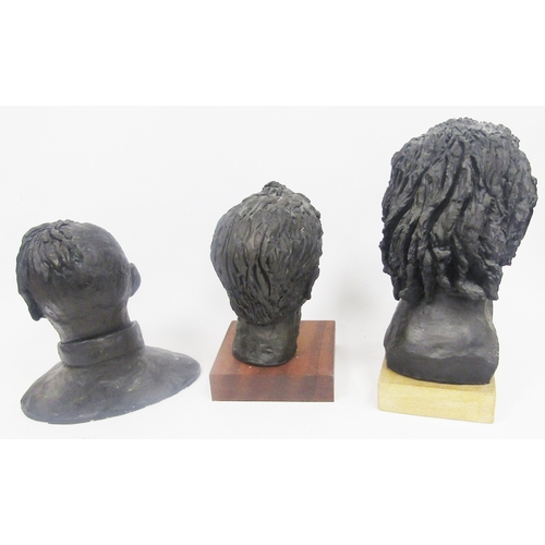 139 - Three plaster sculptural busts of men with a bronze finish, two mounted on wooden plinths, largest 4... 