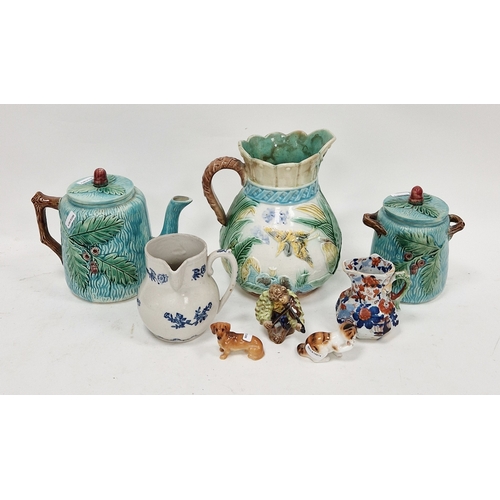 14 - Collection of late 19th century continental majolica including a baluster jug moulded with a crane a... 