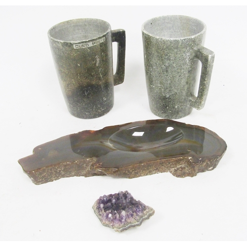 144 - Polished agate slab formed into a bowl with natural rough outer edge, 33cm long together with two Br... 