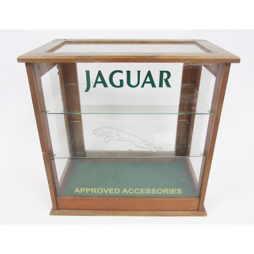 150 - Wooden table top glazed advertising style display cabinet, later sign written ' Jaguar, Approved Acc... 