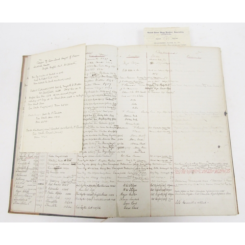 151 - Early 20th century stock book ledger, leather bound and and canvas covered, partial filled with a re... 