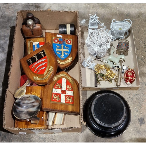 155 - Mixed lot of collectable items including six school crests on wooden plinths, a horn bowl and spoon,... 