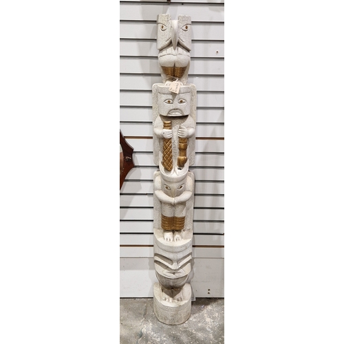 159 - Replica native American totem pole with a white crackle glaze and gold-coloured finish, in the form ... 