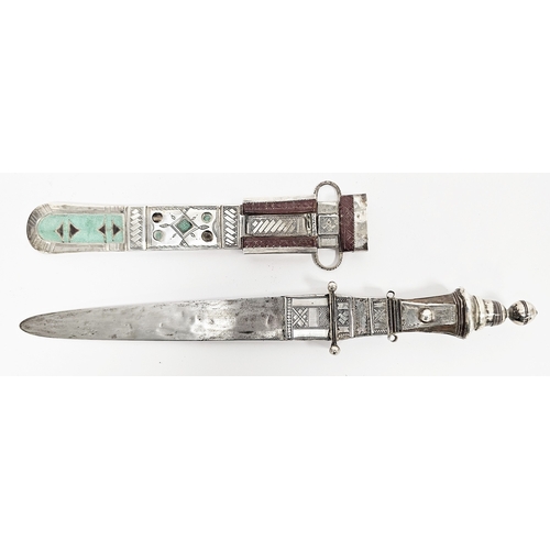 163 - North Africa Tuareg Telek arm dagger having a white metal and brown and turquoise green leather hilt... 