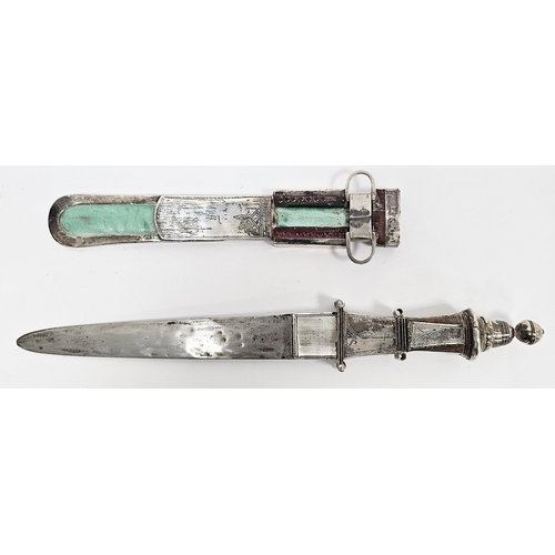 163 - North Africa Tuareg Telek arm dagger having a white metal and brown and turquoise green leather hilt... 