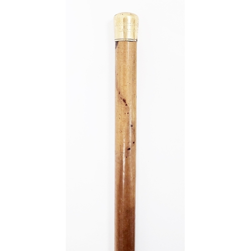 168 - Early 20th century gold-mounted walking cane, circa 1909, the malacca shaft capped in 18ct gold and ... 