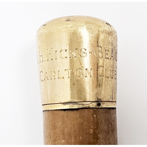 168 - Early 20th century gold-mounted walking cane, circa 1909, the malacca shaft capped in 18ct gold and ... 