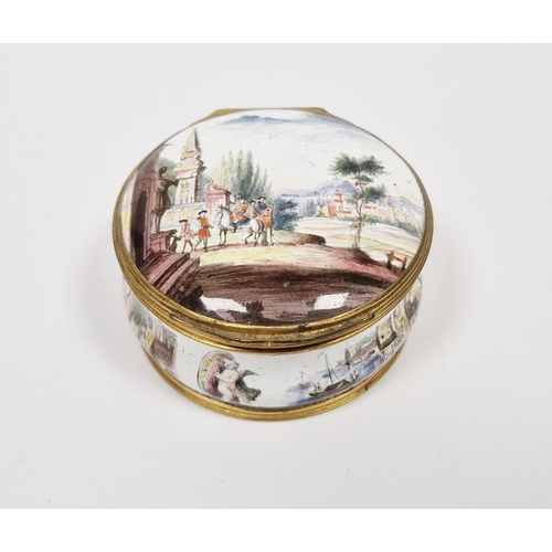 173 - German enamel and gilt-metal mounted circular snuff box, circa 1760, painted in the Meissen style wi... 
