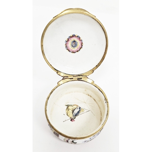 173 - German enamel and gilt-metal mounted circular snuff box, circa 1760, painted in the Meissen style wi... 