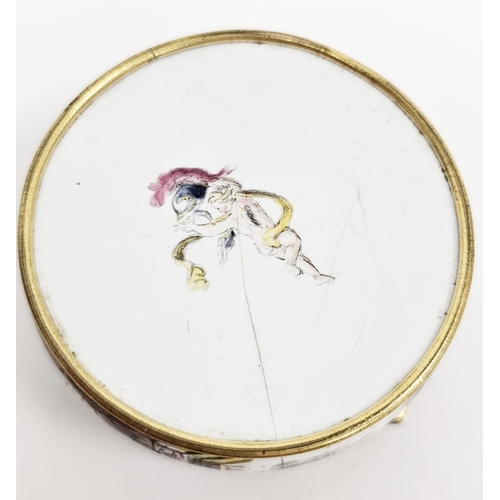 173 - German enamel and gilt-metal mounted circular snuff box, circa 1760, painted in the Meissen style wi... 